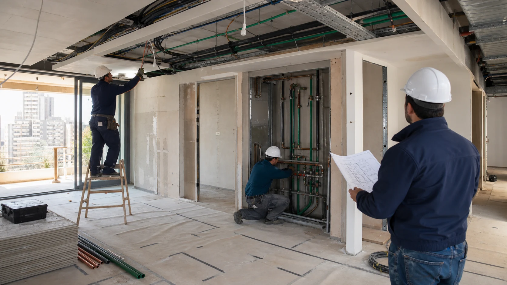 Multi-trade home renovation with electrical plumbing HVAC and finishing work